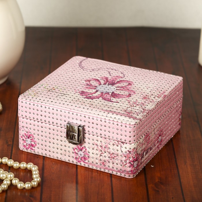 Шкатулка кожзам для украшений "Кулон-цветок" с блёстками 7х15х15 см