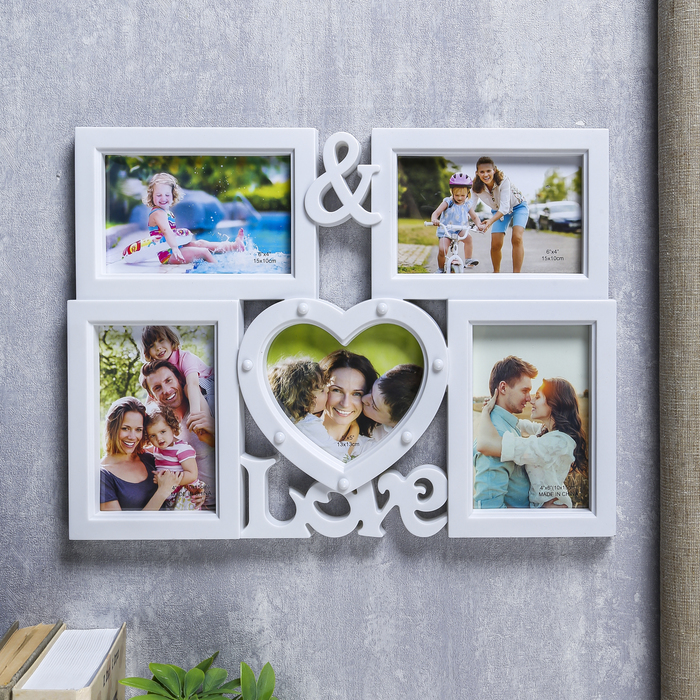 Фоторамка на 5 фото 10х15, 13х13 см свет 7 диодов "Любовь" белая 31,5х42х3 см