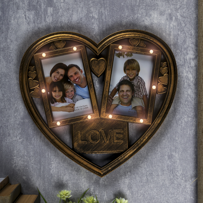 Фоторамка на 2 фото 10х15 см свет 10 диодов "Сердце" тёмное золото 32,5х35х3 см