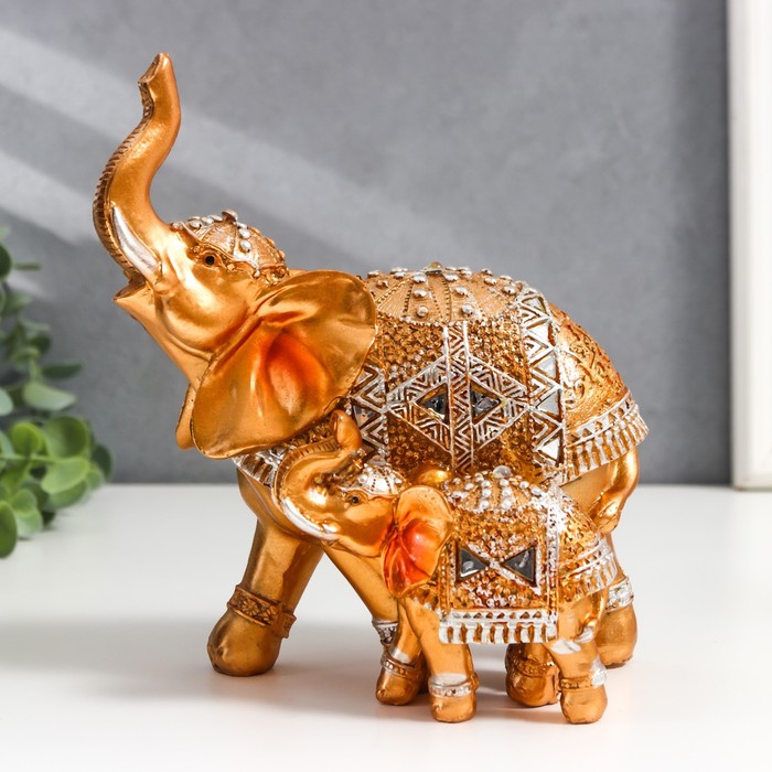 Сувенир полистоун Золотой слон со слонёнком в зеркальной попоне 17,5х15х9,5 см сувенир полистоун слон со слонёнком на спине экзотические цветы 16х6 5х20 5 см
