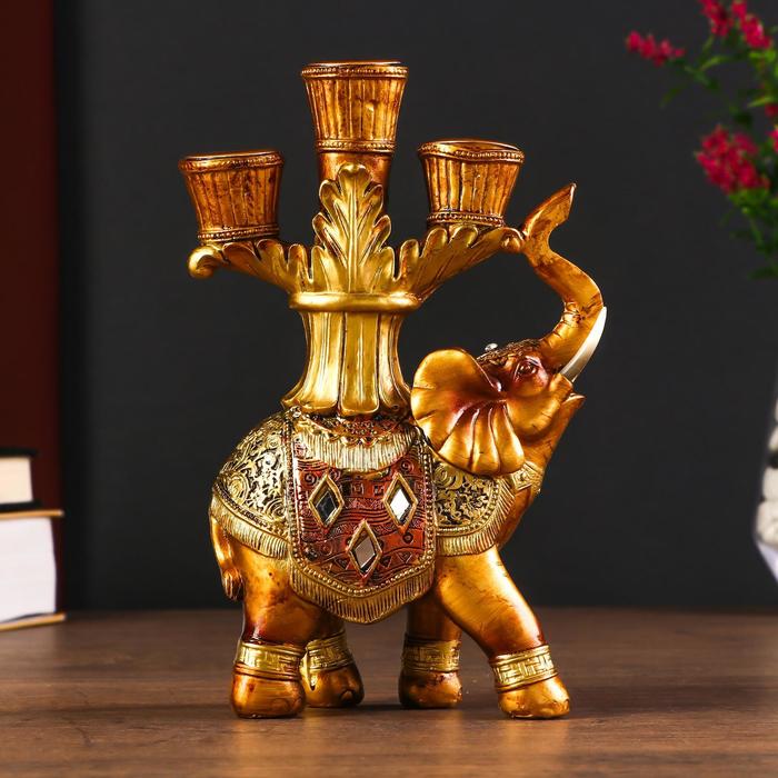 Сувенир полистоун подсвечник "Африканский слон в золотой, ажурной попоне" 19х12,5х5 см