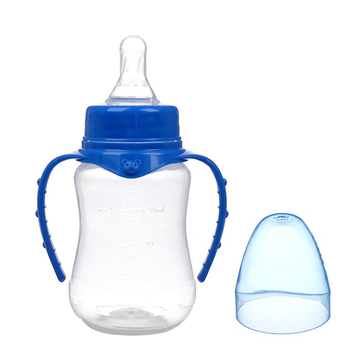 Бутылочка для кормления детская приталенная, с ручками, 150 мл, от 0 мес., цвет синий