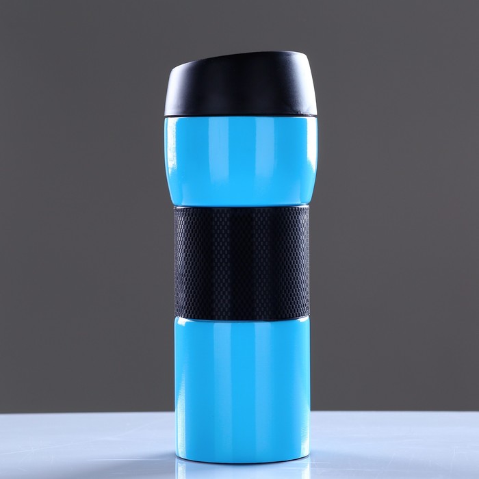 Термокружка "Удача", 450 мл, 304 сталь, сохраняет тепло 12 ч, резинка посередине, синяя, 8х21.5 см