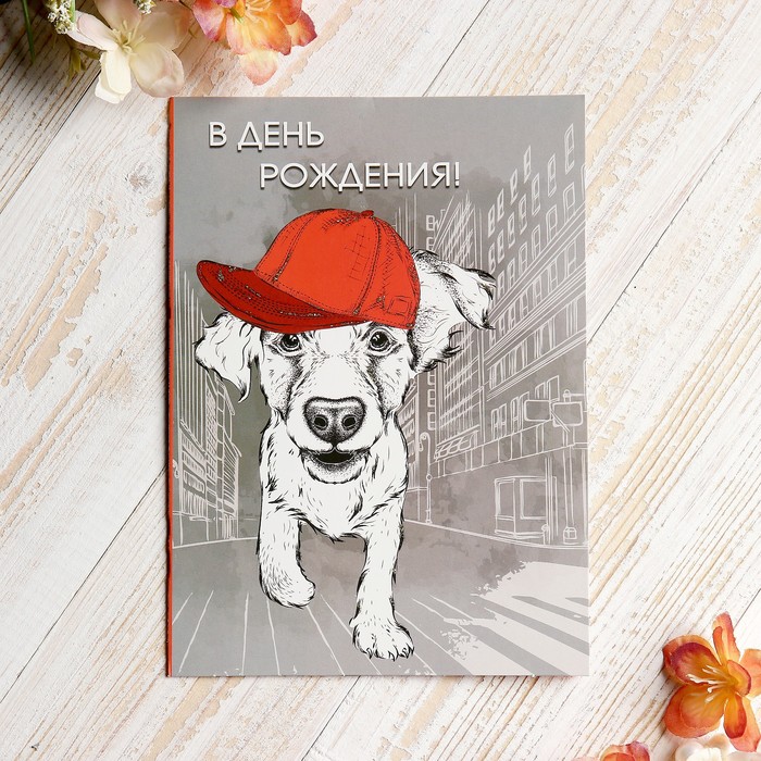 Открытка "В день Рождения!" щенок в кепке