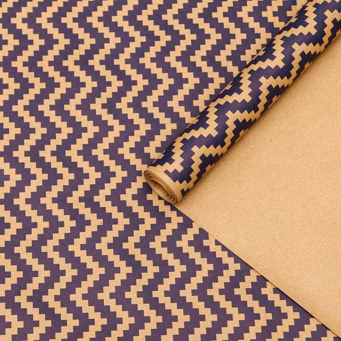 Бумага упаковочная крафт "Зигзаги, кубики, синие", 0,72 х 10 м