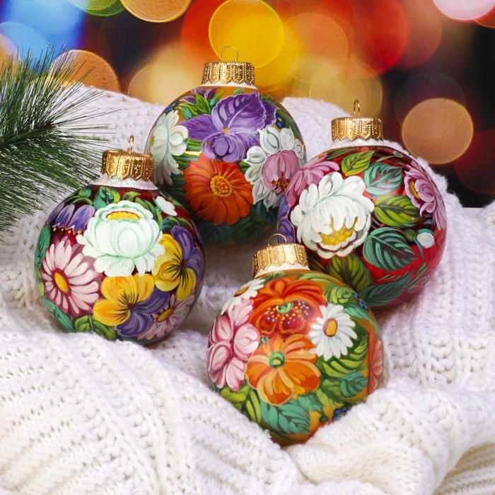 Набор ёлочных шаров ручной работы "Букет цветов" в стиле жостово 4шт 10 см