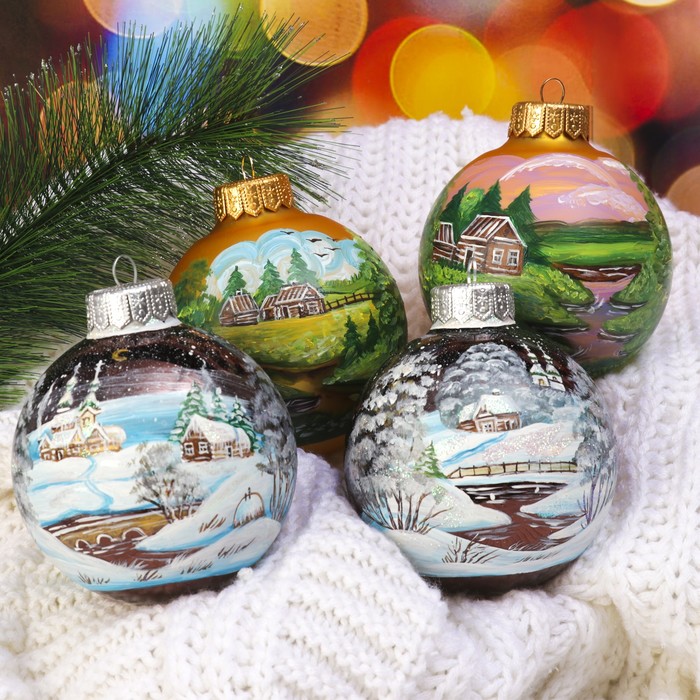 Набор ёлочных шаров ручной работы  "Зима и лето" 4шт 10 см