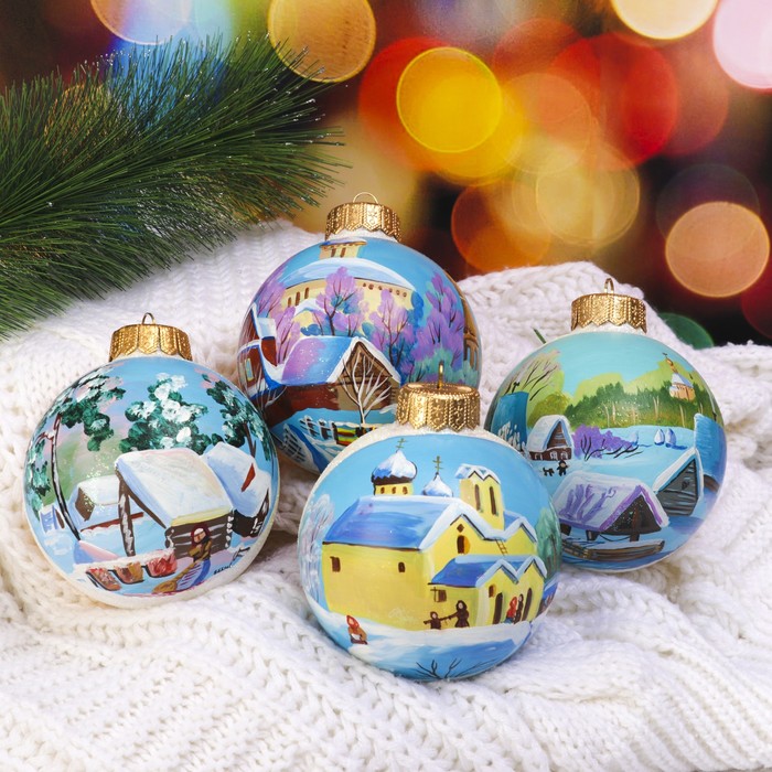 Набор ёлочных шаров ручной работы  "Утро" 4шт 10 см