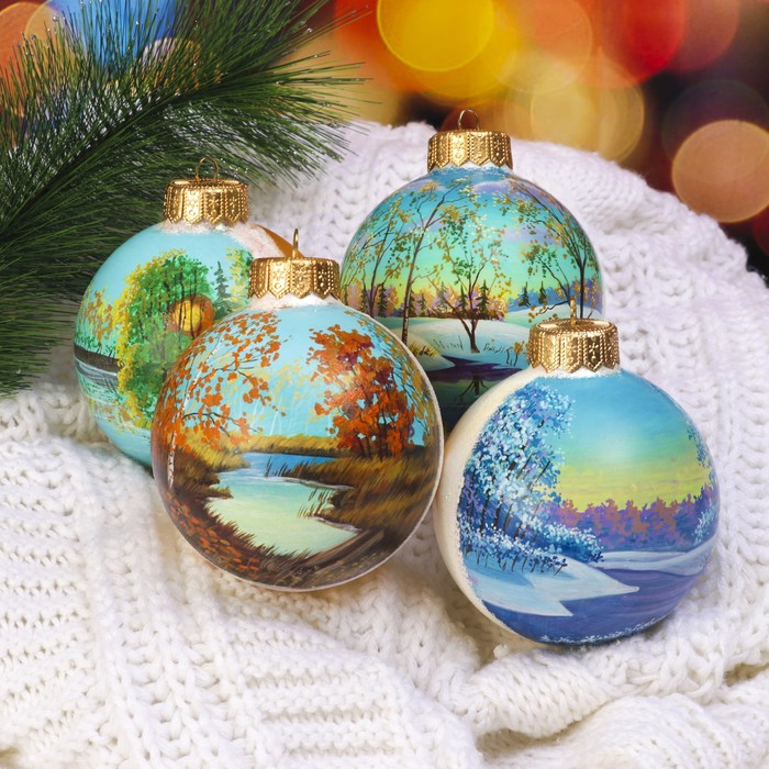 Набор ёлочных шаров ручной работы  "Времена года" 4шт 10 см
