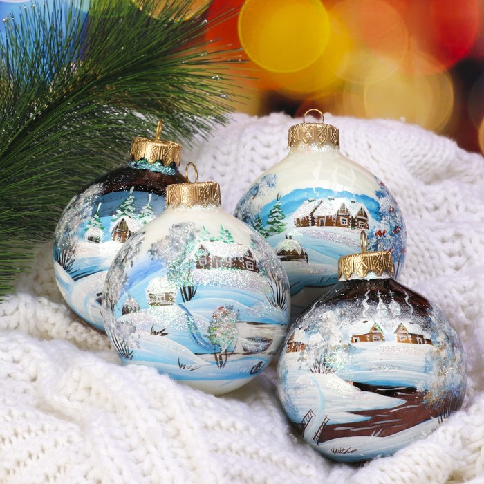 Набор ёлочных шаров ручной работы  "Деревянные мостики" 4шт 8 см