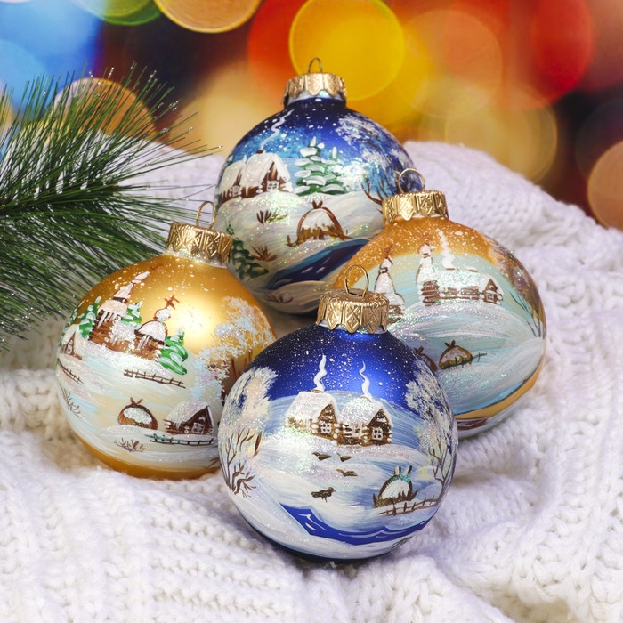 Набор ёлочных шаров ручной работы "Церковь на холме" 4 шт 8 см