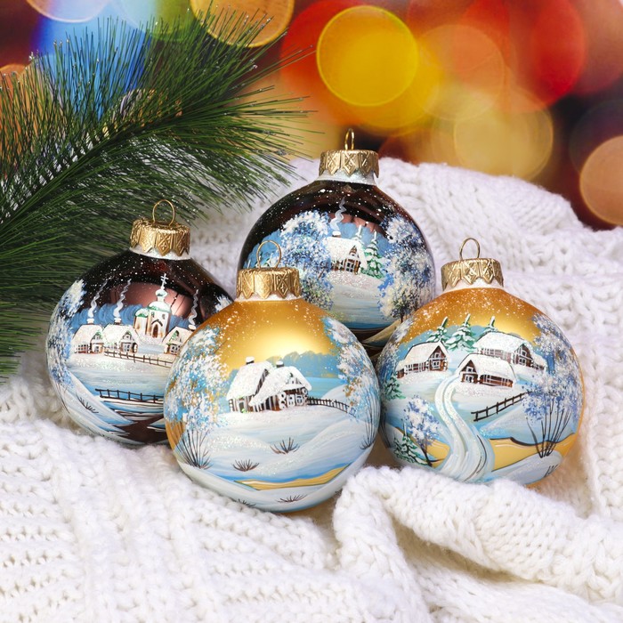 Набор ёлочных шаров ручной работы  "Деревенские просторы" 4шт 8 см