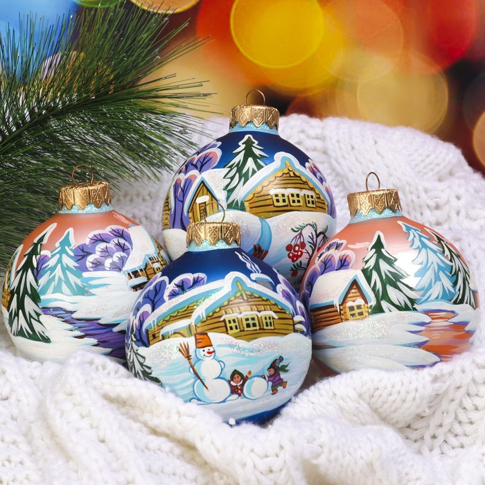 Набор ёлочных шаров ручной работы "Зимняя игра" 4шт 8 см