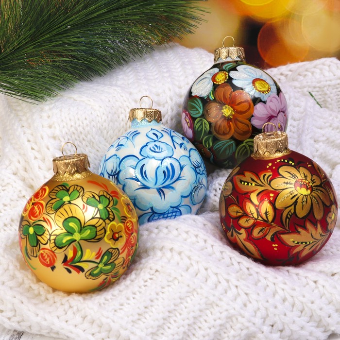 Набор ёлочных шаров ручной работы  "Народные узоры" 4шт 8 см