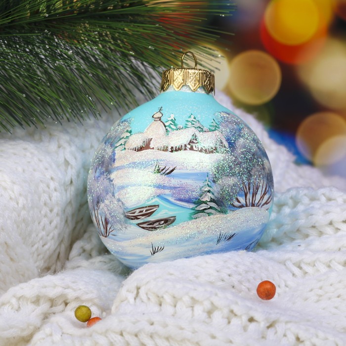 Ёлочный шар ручной работы  "Зимний пейзаж 8" 8 см