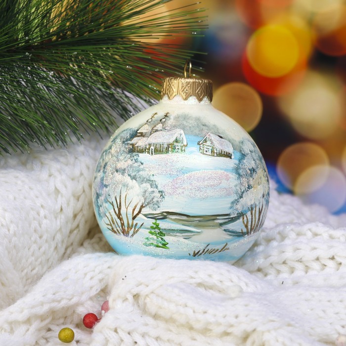 Ёлочный шар ручной работы  "Зимний пейзаж 5" 8 см