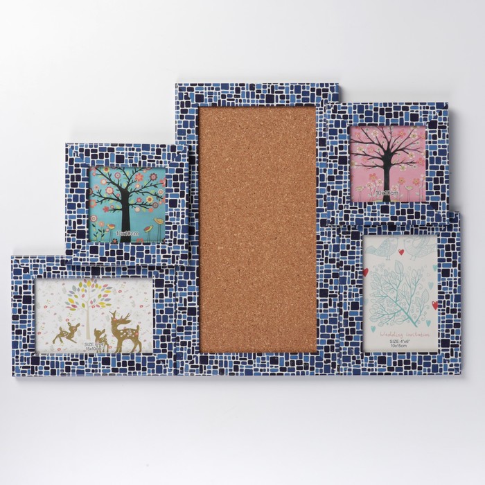 Фоторамка пластик на 4 фото 10х10, 10х15 см доска для записок"Сине-чёрные кирпичи" 34х52см