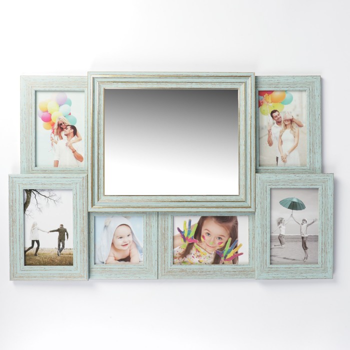 Фоторамка пластик на 6 фото 10х10, 10х15 см зеркало 19х24 см "Бирюза" 37х58 см