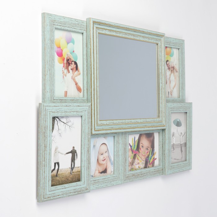 Фоторамка пластик на 6 фото 10х10, 10х15 см зеркало 19х24 см "Бирюза" 37х58 см