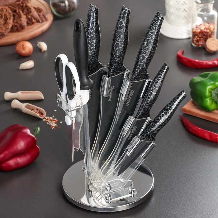 Набор "Лизард", 7 предметов на подставке: 5 ножей 8/12,5/19,5/20/20 см, мусат, ножницы