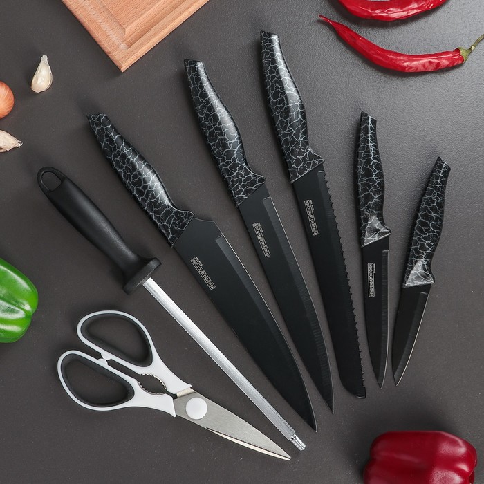 Набор "Лизард", 7 предметов на подставке: 5 ножей 8/12,5/19,5/20/20 см, мусат, ножницы