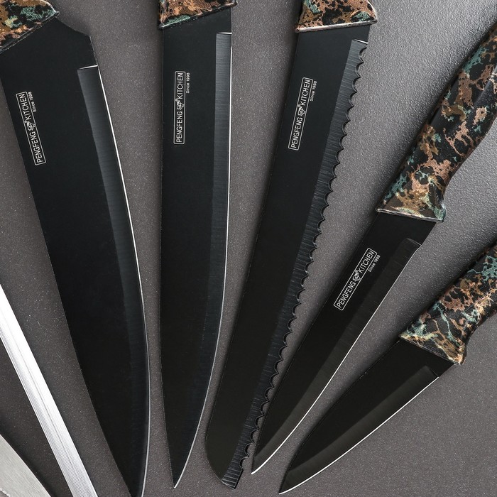 Набор "Хаки", 7 предметов на подставке: 5 ножей 8/12,5/19,5/20/20 см, мусат, ножницы