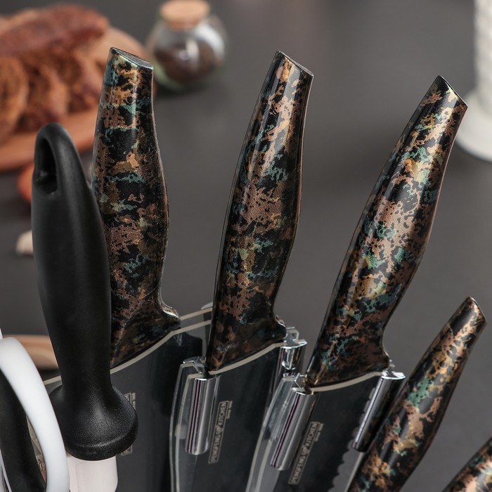 Набор "Хаки", 7 предметов на подставке: 5 ножей 8/12,5/19,5/20/20 см, мусат, ножницы