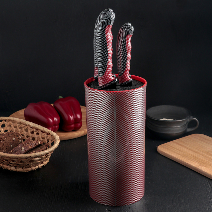 Набор кухонный "Каре", 5 ножей в подставке, лезвия 8/12,5/19,5/20/20, цвет красный