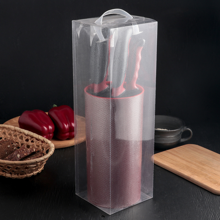 Набор кухонный "Каре", 5 ножей в подставке, лезвия 8/12,5/19,5/20/20, цвет красный