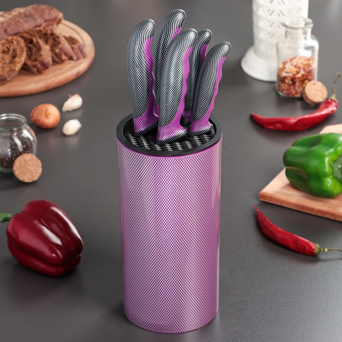 Набор кухонный "Каре", 5 ножей в подставке, лезвия 8/12,5/19,5/20/20 см, цвет фиолетовый