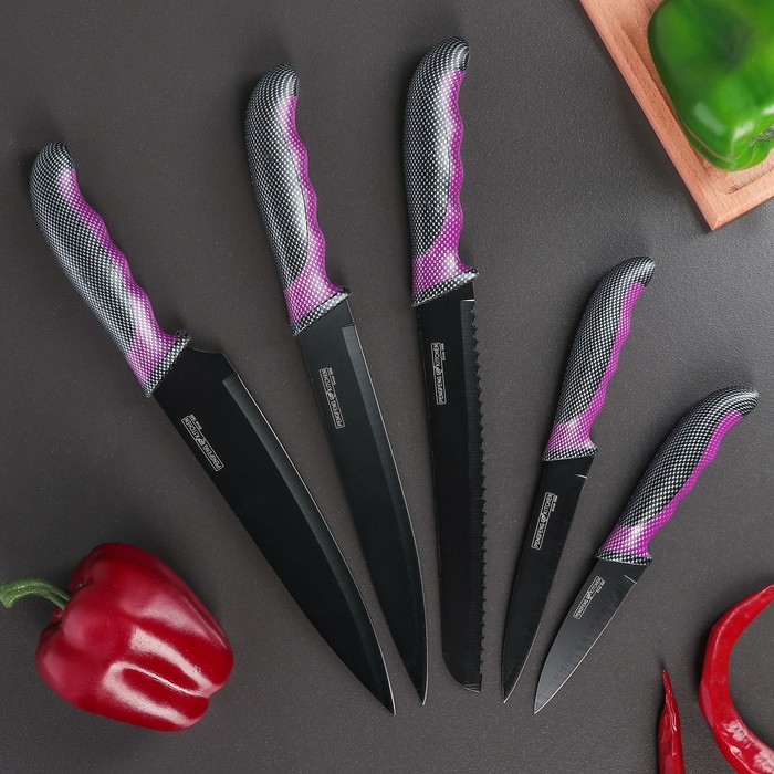 Набор кухонный "Каре", 5 ножей в подставке, лезвия 8/12,5/19,5/20/20 см, цвет фиолетовый