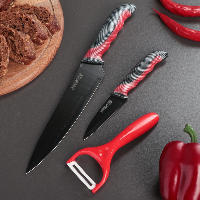 Набор кухонный "Каре", 3 предмета: 2 ножа лезвие 8,5/20 см, овощечистка, цвет красный