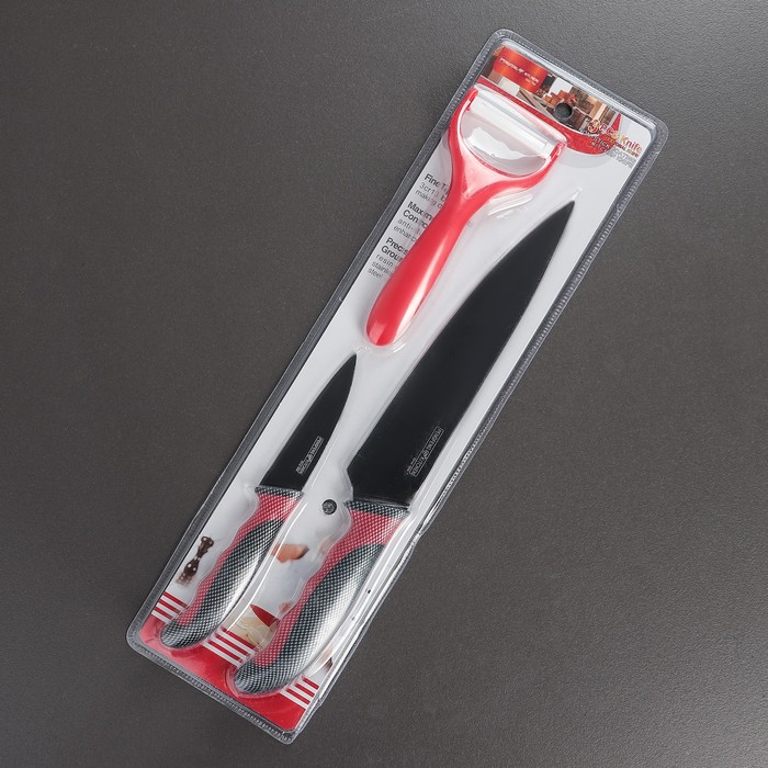 Набор кухонный "Каре", 3 предмета: 2 ножа лезвие 8,5/20 см, овощечистка, цвет красный