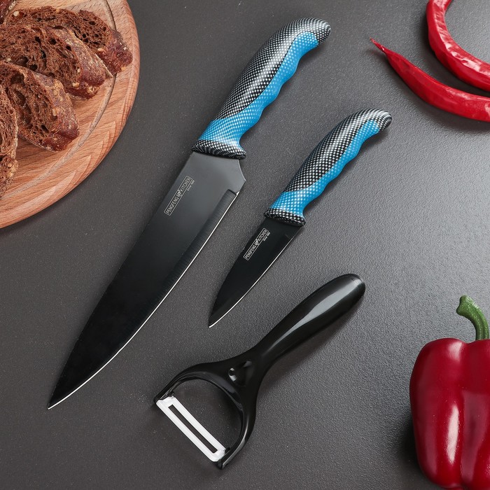 Набор кухонный "Каре", 3 предмета: 2 ножа лезвие 8,5/20 см, овощечистка, цвет синий