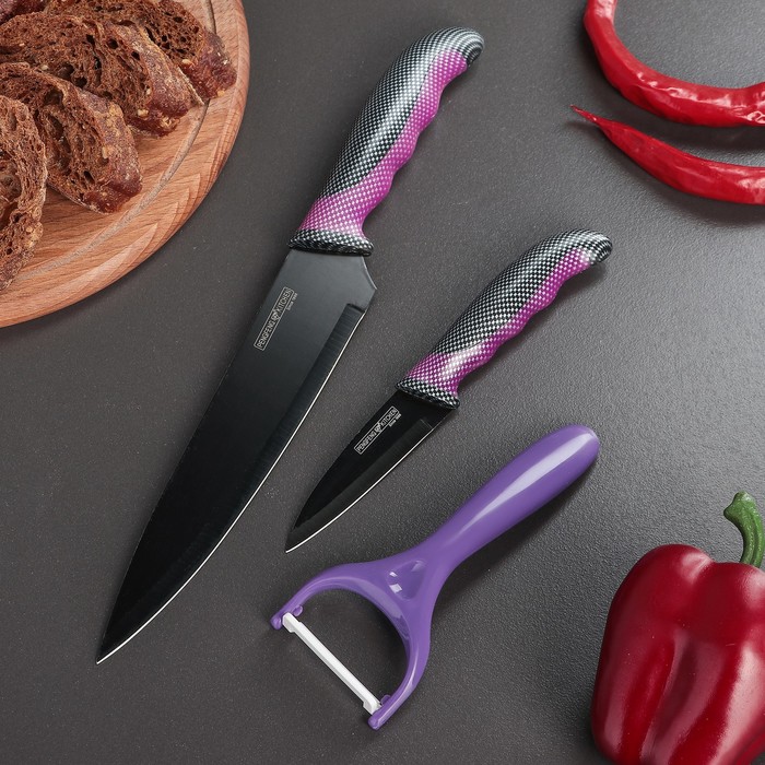 Набор кухонный "Каре", 3 предмета: 2 ножа лезвие 8,5/20 см, овощечистка, цвет фиолетовый