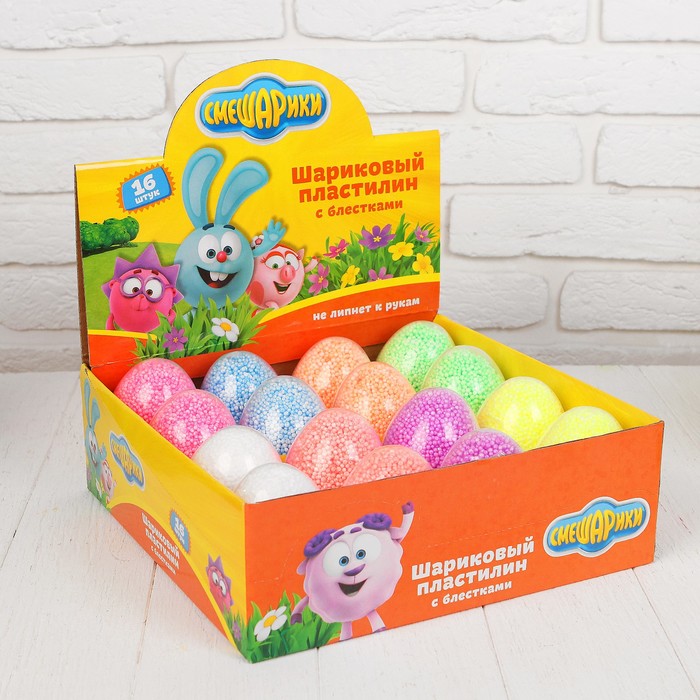 Шариковый пластилин "Смешарики" с блёстками незастывающий в яйце, МИКС
