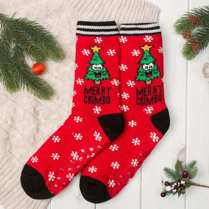 Носки тёплые со стоперами "Новый год", вид 1, цвет красный