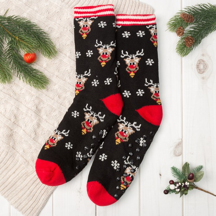 Носки тёплые со стоперами "Новый год", вид 3, цвет чёрный