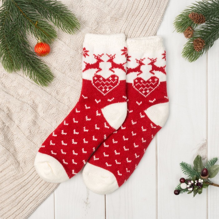 Носки тёплые "Сердечко", цвет красный/белый