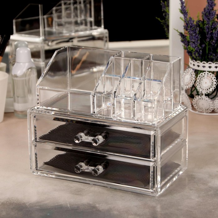 Органайзер для хранения косметических принадлежностей, 11 секций, 2 ящика, цвет прозрачный