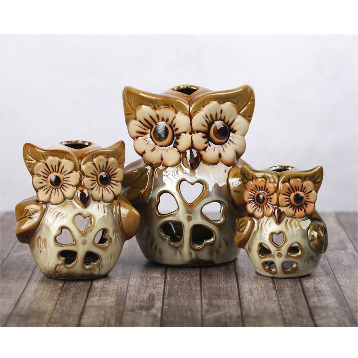 Подсвечник керамика "Семейство филинов" набор 3 шт 14х11х10, 10,5х9х7, 8,5х7х5,5 см