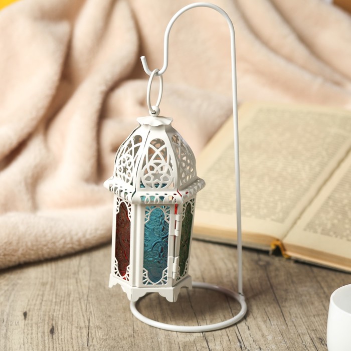 Подсвечник металл, стекло 1 свеча "Подвесной фонарь. Восток" белый 26,5х10х10 см