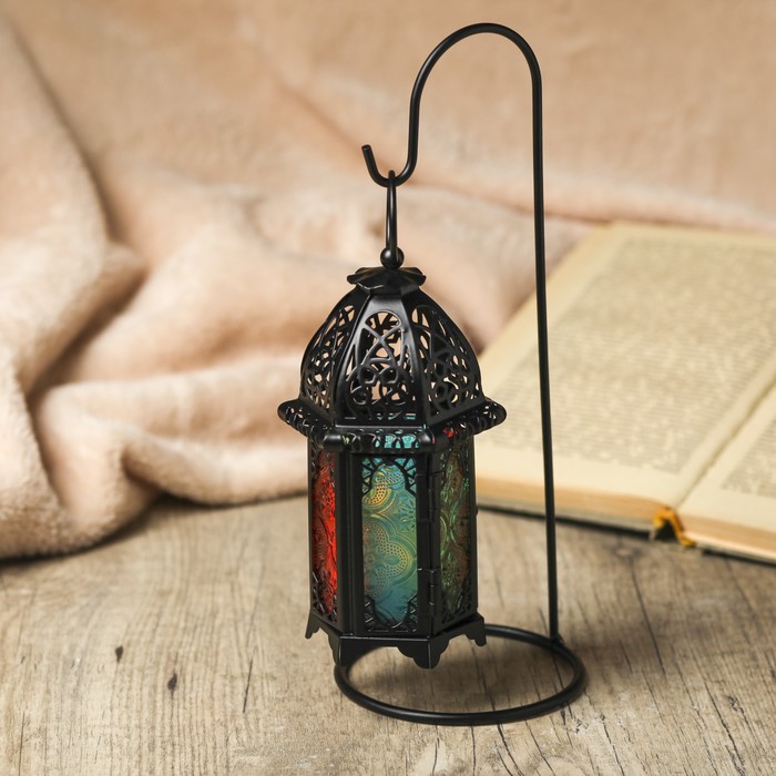Подсвечник металл, стекло 1 свеча "Подвесной фонарь-витраж" чёрный 26,5х10х10 см