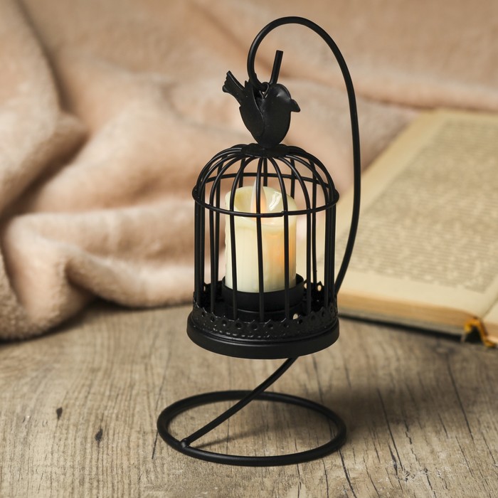 Подсвечник металл 1 свеча "Подвесная клетка с птицей" чёрный 21х10х10 см