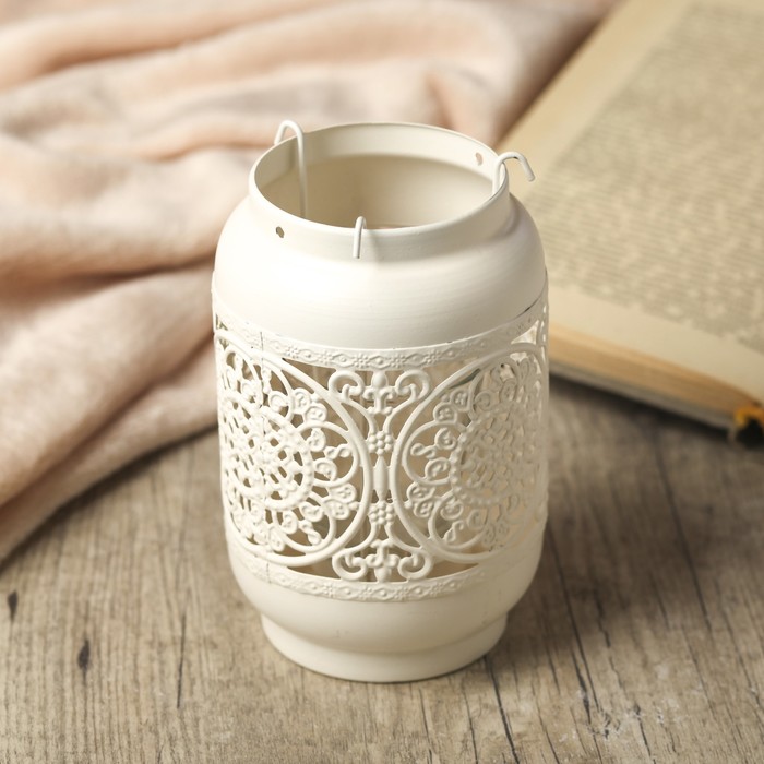 Подсвечник металл 1 свеча "Банка с ажурными узорами" белый 15,5х11х11 см