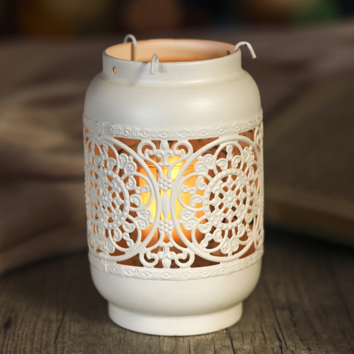 Подсвечник металл 1 свеча "Банка с ажурными узорами" белый 15,5х11х11 см