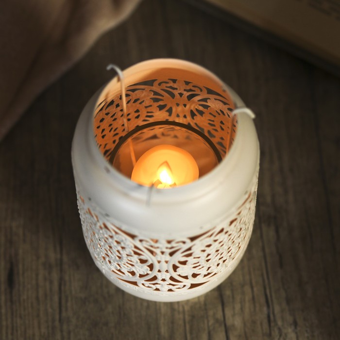 Подсвечник металл 1 свеча "Банка с ажурными узорами" белый 15,5х11х11 см