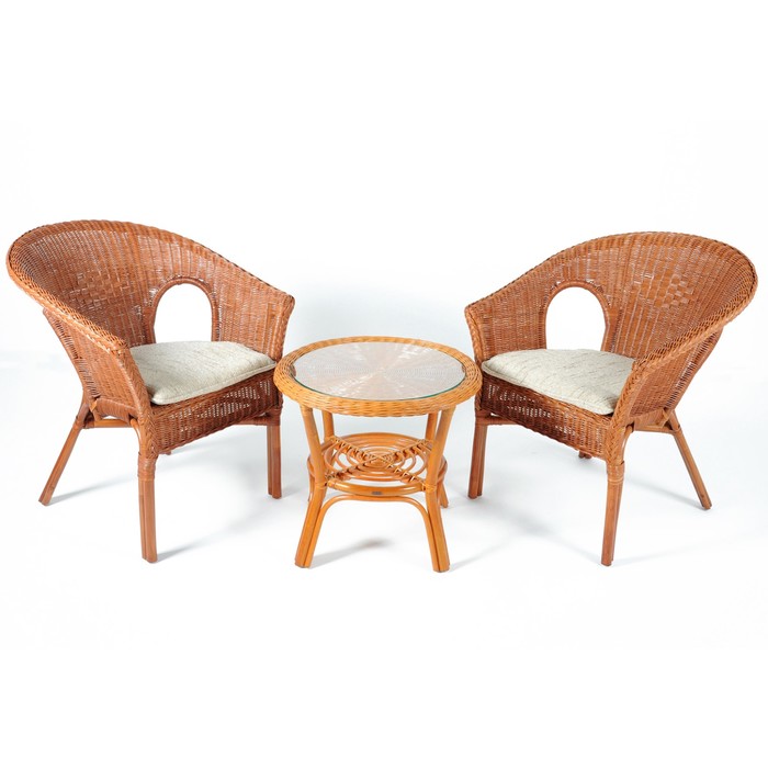 Набор мебели, 3 предмета: столик, 2 кресла, с подушками, ротанг, цвет коньячный