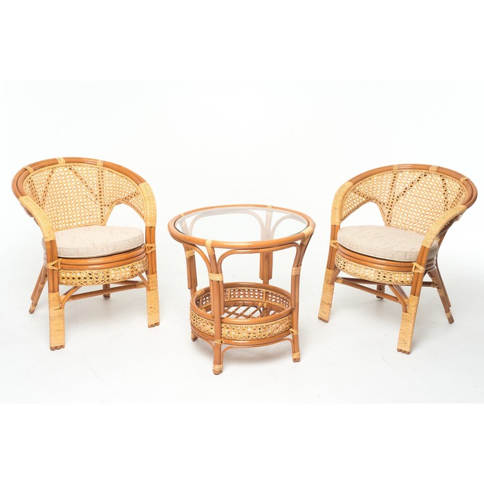 Набор мебели, 3 предмета: 2 кресла, стол, с подушкой, натуральный ротанг, цвет коньяный, 02/15