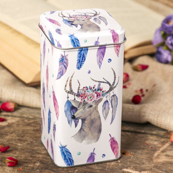 Шкатулка металл прямоугольная "Олень и цветные пёрышки" 14,3х7,2х7,2 см